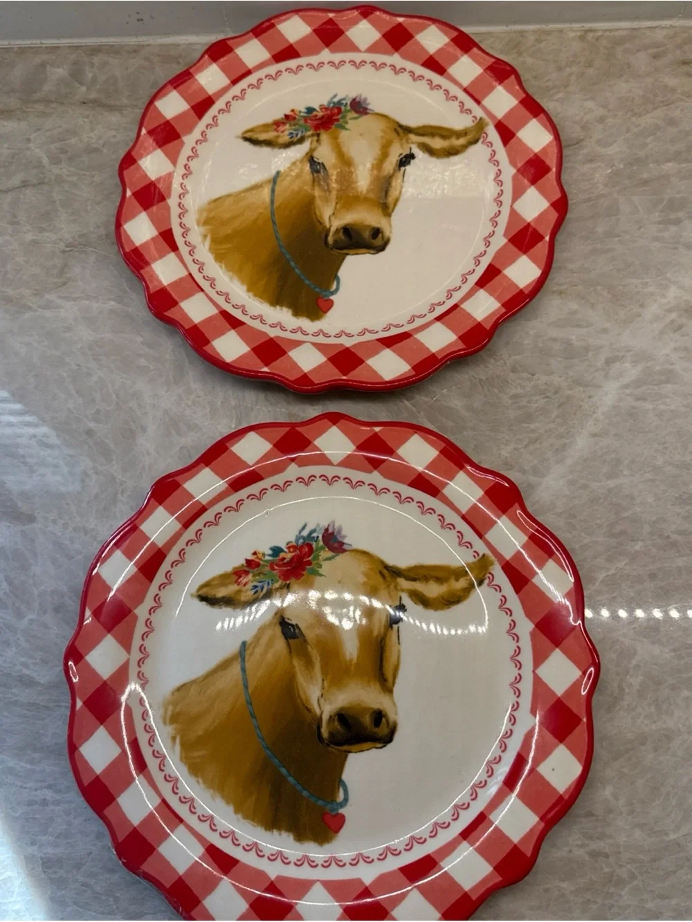 The Pioneer Woman Red Gingham with Cow Decal Round 8.75” Ceramic Salad Plate-2